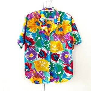 Vintage 80s soft polyester floral button up blouse